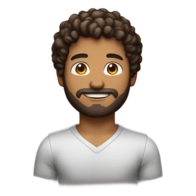 men holding his computer in hands. light brown skin men with curly dark brown hair, brown eyes, little grown beard. ust a tiny bit muscular. dressed casual. round face. sticker