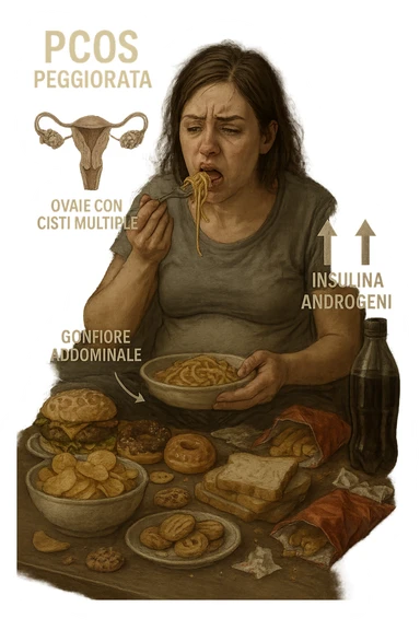 Donna tra i 25 e i 35 anni seduta sul divano o a un tavolo disordinato, circondata da cibi sparsi e poco sani: patatine, dolci, pane bianco, snack confezionati, bibite. Mangiando di fretta, ha un’espressione stanca e frustrata. Intorno a lei, in trasparenza o come illustrazione simbolica, si vedono gli effetti della PCOS peggiorata: ovaie con cisti multiple, squilibrio ormonale (↑ insulina, ↑ androgeni), gonfiore addominale. Sullo sfondo, orologio che corre o caos visivo che comunica disorganizzazione alimentare. Colori spenti e atmosfera stanca. Stile realistico con elementi simbolici e informativi. in italiano sticker