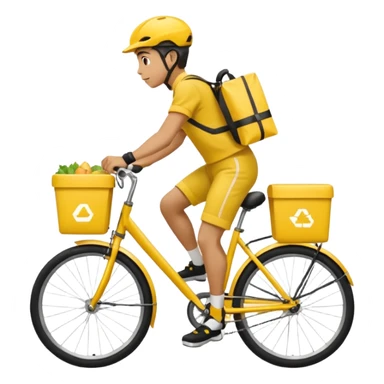 A courier on a yellow bicycle, wearing yellow and black clothes rides from left to right. On the back of the courier is a yellow food delivery bag sticker