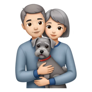 a shorthair Chinese girl with husband hugging a grey Schnauzer dog sticker