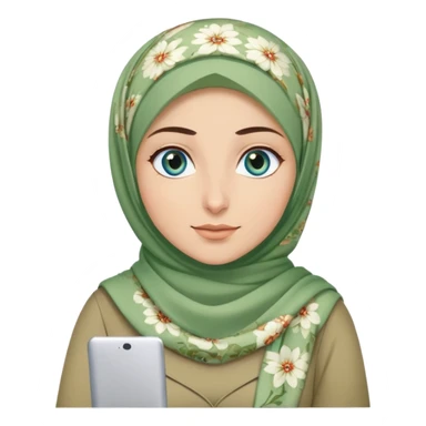 Turkish beautiful finish Konya girl blue eyes and green khaki hijab and light green floral dress and she work on office sticker