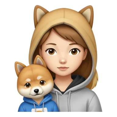 A brown hair with some blonde highlight girl wearing a hoodie and a five year old Shiba Inu next to her sticker