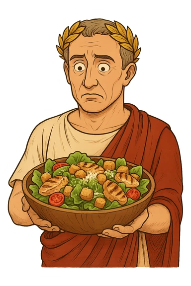 Используя такую стилистику сгенерируй Императора Цезаря, который задумчиво и удивленно держит в руках тарелку с салатом Цезарь, прозрачный фон sticker