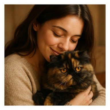 brunette girl snuggling a tortoiseshell Persian cat, warm and affectionate scene sticker