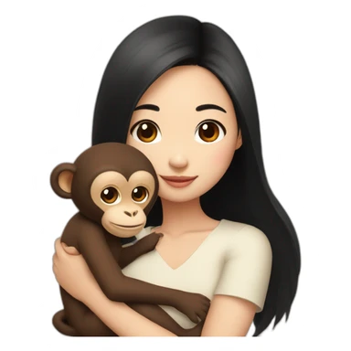 Asian girl with brown eyes and black hair and cute top cuddling a brown lovely monkey sticker