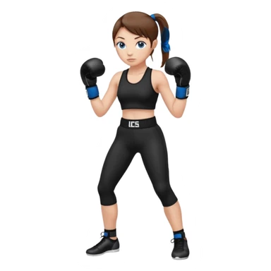 Девушка стоит в черных боксерских перчатках, в стойке, в черном спортивном топе и черных леггинсах, волосы каштановые, собраны в хвост, кожа белая глаза голубые  sticker