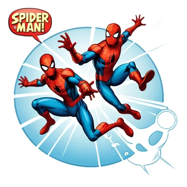 Icon for Vintage Comics and Manga: an open comic book with retro Marvel-style artwork, featuring iconic superheroes like Spider-Man and Iron Man, with speech bubbles and action lines. The icon should capture the dynamic and colorful nature of classic comics and manga. Transparent background. sticker