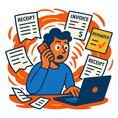 person holding a phone in one hand, laptop open in front, storm of receipts, invoices, and reminders swirling around, multitasking chaos sticker