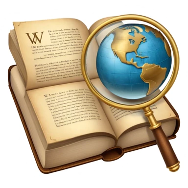 Icon for Non-Fiction & Narrative Reading: an open book with historical facts and narrative text on the pages, surrounded by a globe, a magnifying glass, and a quill. The icon should evoke the blend of fact and storytelling in non-fiction literature. Transparent background. sticker