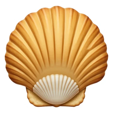 A madeleine pastry. Oval seashell shape with ONLY four to five vertical lines going in the same direction. Light golden brown. Scalloped edge. Cookie. Flat. Long. Oval shape. Lets scallops. Only four or five scalloped lines sticker