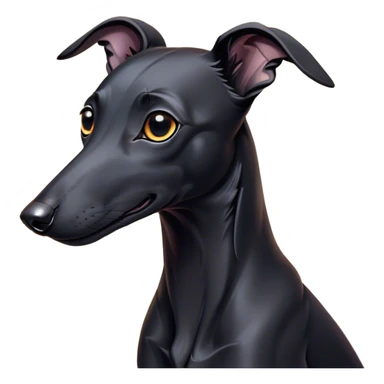 Cinematic Cute Black Greyhound Portrait Emoji, Head tilted playfully and inquisitively, featuring a smooth, shiny jet-black Fur and round, sparkling dark eyes filled with curiosity, Simplified yet irresistibly adorable features, highly detailed, glowing with a warm, friendly glow, high shine, affectionate and agile, stylized with a touch of whimsy, bright and endearing, soft glowing outline, capturing the essence of a mischievous yet loving racer, so playful it feels like it could dash out of the screen and into your arms! sticker