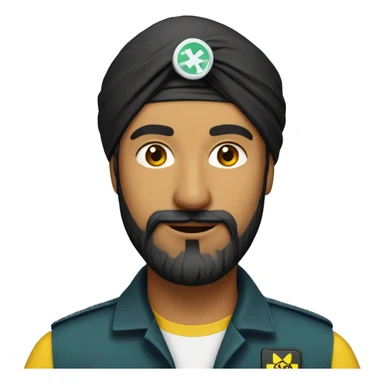 Tall sikh man with beard wearing a black turban and a yellow paramedic jacket sticker