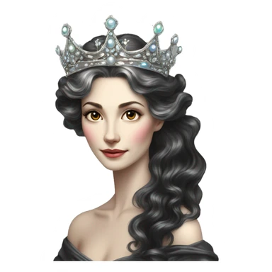 Regal pretty slender middle age woman photograph defined cheekbones high cheekbones crown vintage with very long iridescent black and silver hair wavy long hair pearl crown iridescent sticker