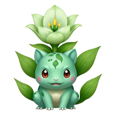 Bulbasaur with a small green, unopened plant bulb with layered petals, resembling a lily bud on back sticker