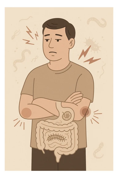 uomo che ignora i suoi un mal di testa, mal di schiena e dolore articolare e ignora ogni segnale e messaggio che il corpo manda per avvertirlo, ma alla fine dipendono tutto dai parassiti intestinali  sticker