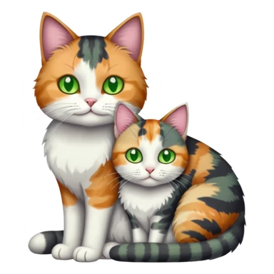 full body colourful light patched calico + white tabby cat cuddling a big dark grey and white tabby cat  sticker