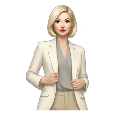 pale skin woman with ash blonde Straightened bob Hair, White Spacious classical jacket, beige palazzo Arrow pants and gray blouse holding a color palettes in the hands sticker