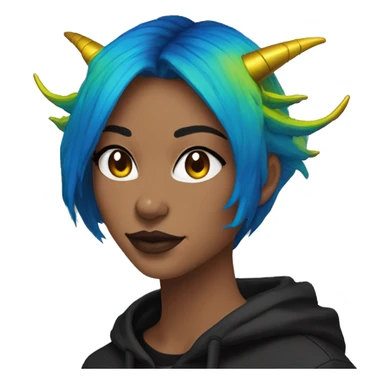 Lady with brunette and iridescent blue hair, gold, lime green dragon wings, black hoodie, bleach dyed, black and gold Nike t shirt, and bright red eyes sticker