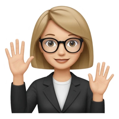 woman dark blonde petite bob haircut wears dark squarish glasses, classic clothes, smiling, waving, a tad older sticker