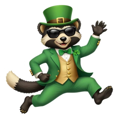 friendly anthropomorphised honey badger in a classic leprechaun suit with shamrock accessories, wearing sunglasses, jumping, St. Patrick's Day, no beer sticker