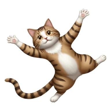dark brown tabby and white cat with doing a big extremely long stretch reaching up into the air with arms and legs side by side together straight and overextended whilst lying on its side sticker