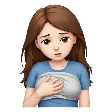 Sad women with long brown hair rubbing stomach with shirt on sticker