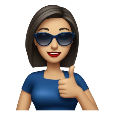 
brunette in dark blue sunglasses, with red lips and in a dark blue dress shows a thumbs up sticker