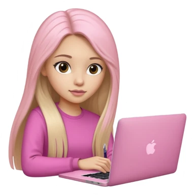 Chica lacia peli larga en una MacBook rosa investigando y haciendo tareas con un libro de apuntes y con cara muy linda como modelo sticker