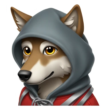 Wolf wearing a red bandana around its neck and a hoodie sticker