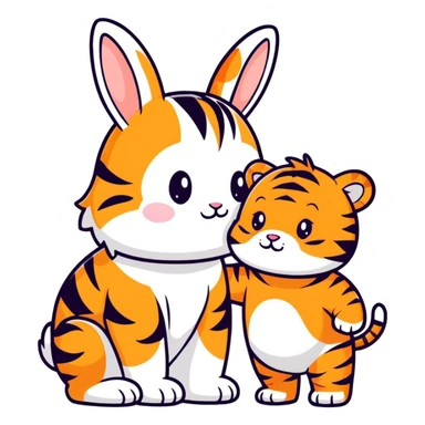 White baby bunny standing next to baby tiger sticker