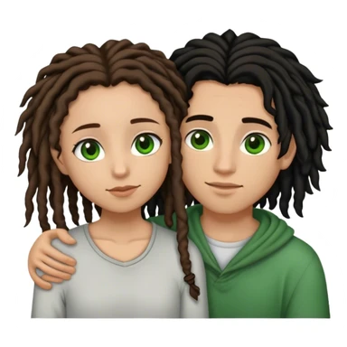 couple holding eachother. the boy is light skinned, short brown dreads, and green eyes. the girl is light skinned, long curly black hair, and brown eyes. sticker