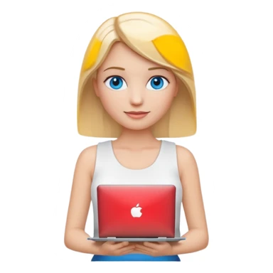 3D Apple-style emoji of a blonde woman with bright blue eyes,
wearing a white sleeveless top,
holding a silver laptop,
clean white background, smooth rounded design
 sticker