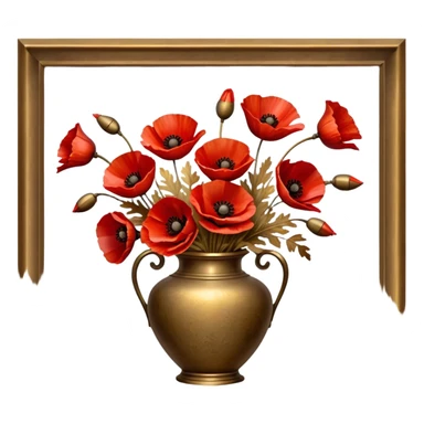 Vibrant red poppies in a weathered brass vase, their petals softly illuminated by golden light. A few dried brown leaves and delicate gold accents enhance the nostalgic feel. sticker