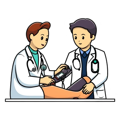 Doctor checking patient's blood pressure during annual medical check-up, healthcare screening sticker