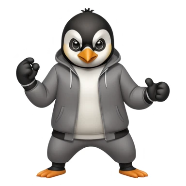 friendly anthropomorphised penguin wearing a mafia-style tracksuit, secretive scheming pose, soprano vibe, angry expression, running aggressively, holding a knuckle duster sticker