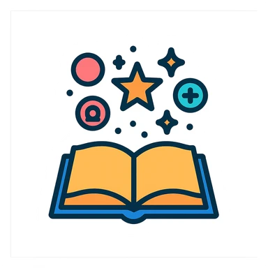 open book with flying sparks and glowing symbols, magical atmosphere, shadows and highlights, colorful outlines sticker