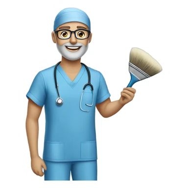 male blond doctor in scrub cap with grey van dyke beard with hazel eyes and small wire-rimmed glasses in blue scrubs holding a large paintbrush sticker