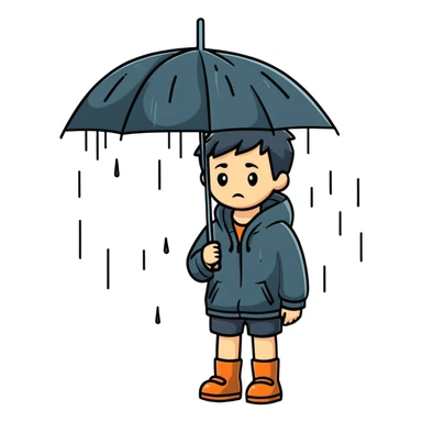 Boy standing alone in the pouring rain, looking sad sticker