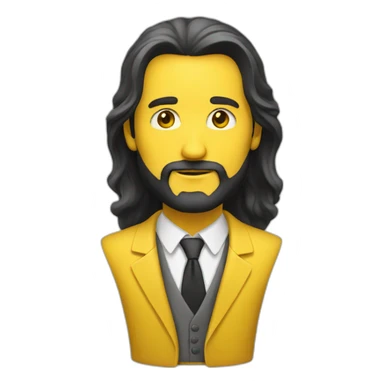 A man with long hair, a beard and yellow suit sticker
