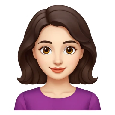 Warm enthusiastic woman with light skin, oval face, soft defined features, large expressive brown eyes, medium arched eyebrows, small nose, medium lips with relaxed smile, long wavy dark brown hair styled simply, wearing a soft vibrant colored elegant blouse sticker