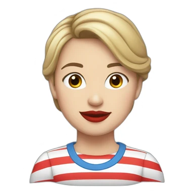 caucasian woman with red lips dark brown hair, bob haircut, braces on teeth, blue and white striped t shirt sticker