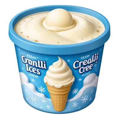 A creamy ice cream tub with a minimalist printed label showing flavor name and brand logo, sitting inside a store freezer. The lid and sides of the container have small frost crystals and condensation. Realistic photography style with soft lighting and a cool-toned background. sticker