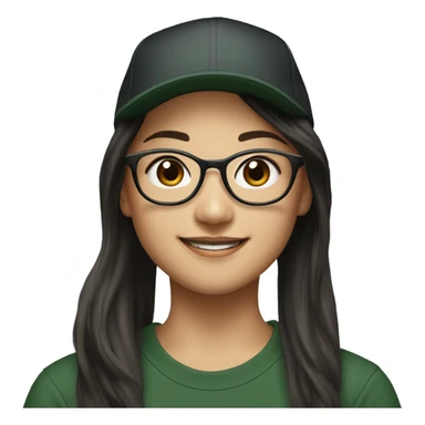 Hyper realistic, look from side, asian girl, light white skin, smiling with teeth, black eyes, spotted frame glasses, long brown straight hair with highlighted strands, black T-shirt, dark green cap. sticker