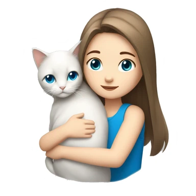 brown hair girl with straight hair and blue eyes hugging a white longhair cat sticker