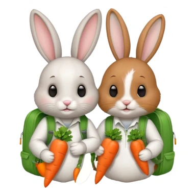  Two bunny brown & white, bunny with a green backpack, holding a carrot sticker