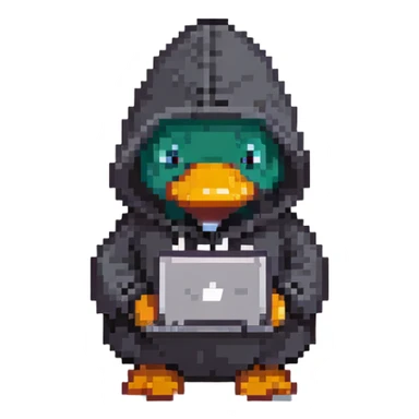 black rubber duck with tiny hoodie and a laptop, hacker sticker