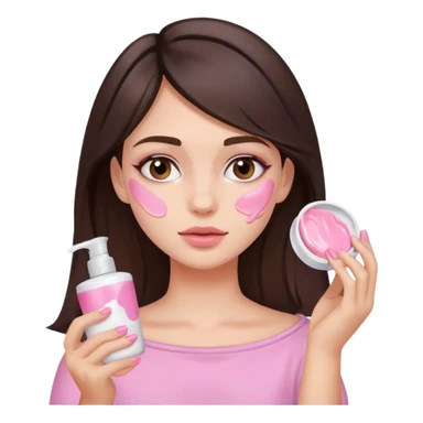 Brunette girl, hair just below shoulder, holds face cream and smeared face in pink palette sticker
