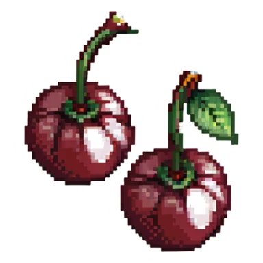 Pixel art of two dark maroon cherries with green stem, deep red color sticker