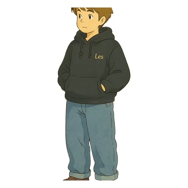 ghibli style person named Les wearing wide jeans and a black hoodie sticker