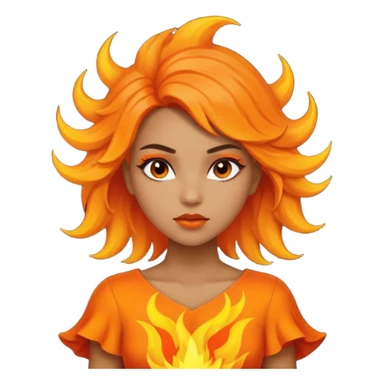 A girl tan skin face emoji with skin head hair styled, dramatic makeup and an orange flame-themed dress. sticker